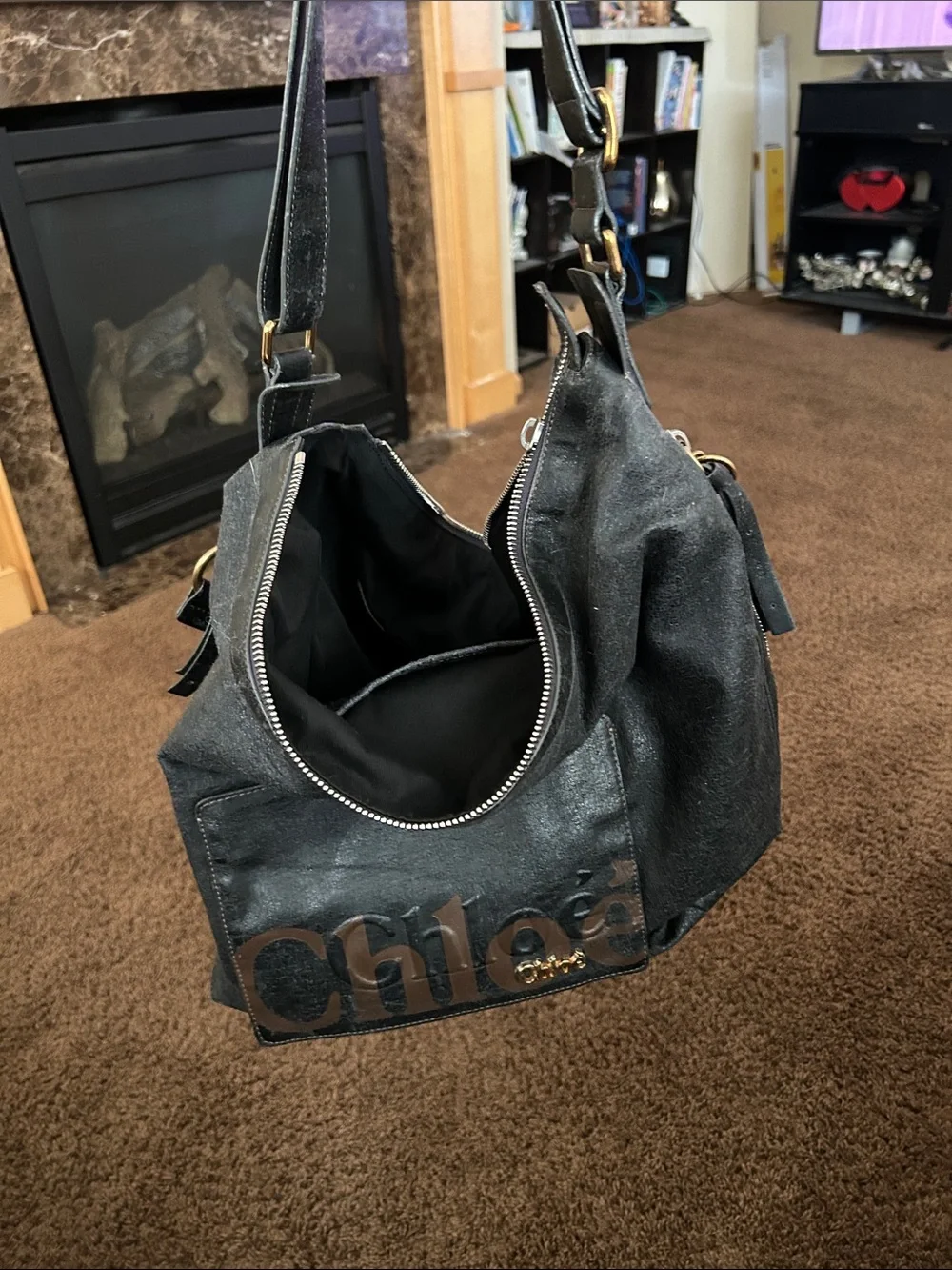 Chloé Black Suede Hobo with Logo Front Pocket